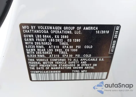 2019 Volkswagen Atlas 2.0T Se W/Technology z USA, uszkodzony, nr VIN 1V2WP2CA4KC609839